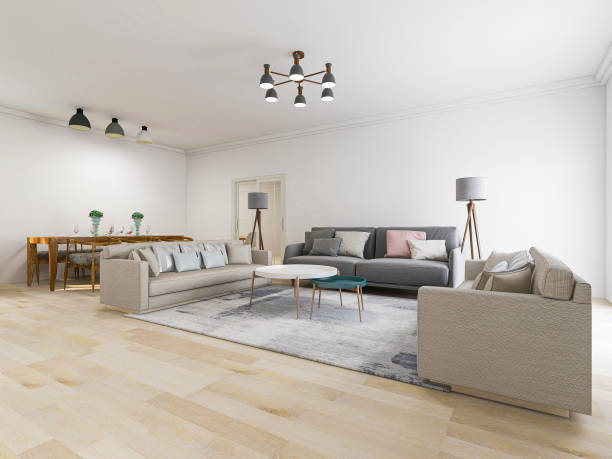 istock 3D rendering, simple modern living room sofa with coffee table, with green plants on the table. 1207906395