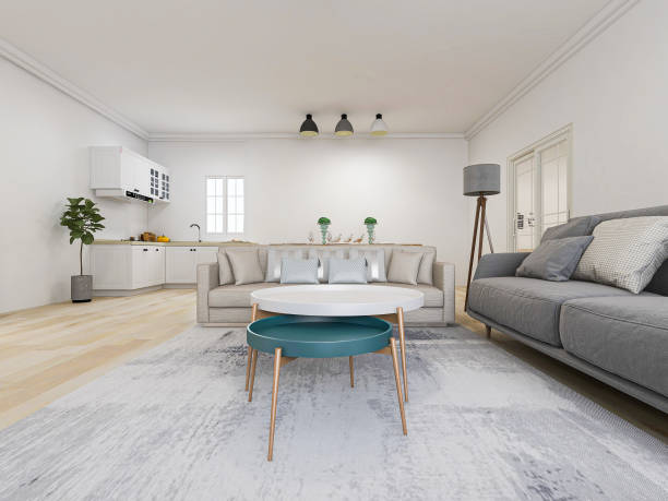 istock 3D rendering, simple modern living room sofa with coffee table, with green plants on the table. 1207906396