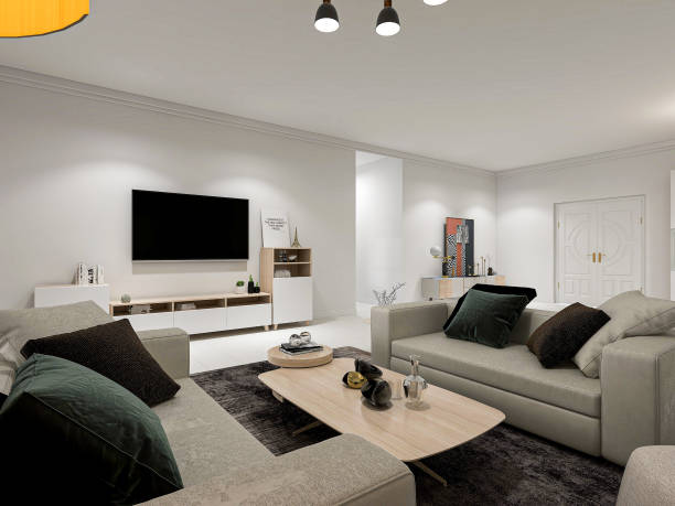 istock 3D rendering, simple modern living room sofa with coffee table, with green plants on the table. 1207906411