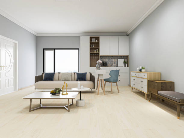 istock 3D rendering, simple modern living room sofa with coffee table, with green plants on the table. 1207906415