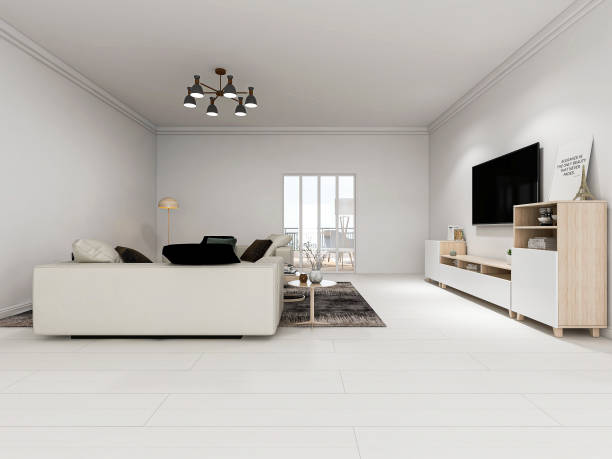istock 3D rendering, simple modern living room sofa with coffee table, with green plants on the table. 1207906426