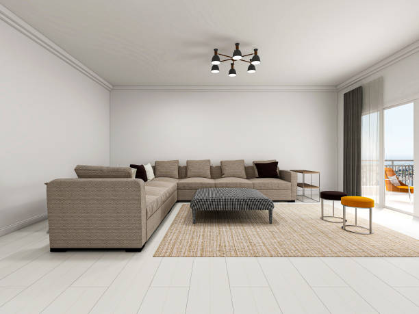 istock 3D rendering, simple modern living room sofa with coffee table, with green plants on the table. 1207906432