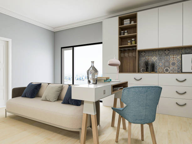 istock 3D rendering, simple modern living room sofa with coffee table, with green plants on the table. 1207906438