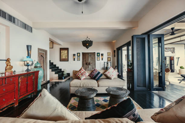 istock Luxury villa living room interior. Sea view 1207908801