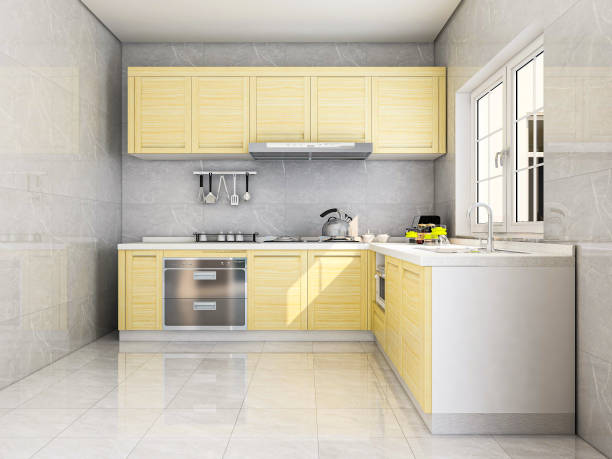 istock 3D rendering,Modern family kitchen design, new cabinets and kitchenware with refrigerators, sunlight from the window. 1207909508