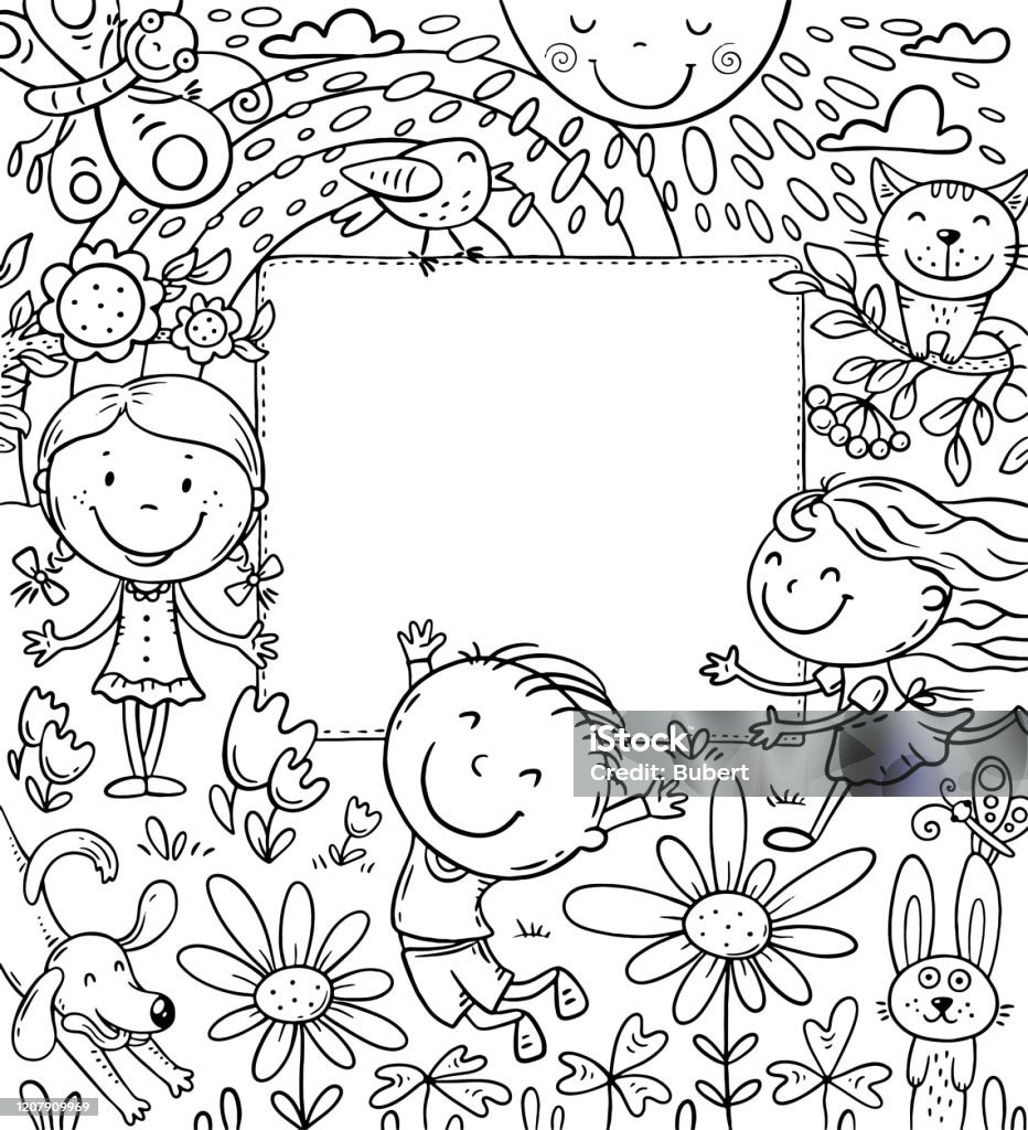 Cartoon Frame With Happy Kids And A Blank Space Stock Illustration -  Download Image Now - Coloring Book Page - Illlustration Technique, Child,  Frame - Border - iStock