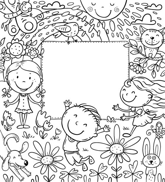 Cartoon frame with happy kids and a blank space Cartoon frame with happy kids and a blank space, coloring page kids coloring pages stock illustrations