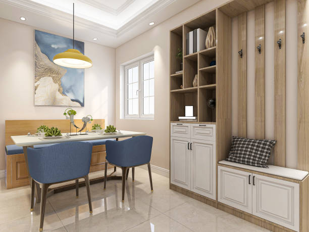 istock 3D rendering, warm dining room area design, wooden table and chair 1207913085
