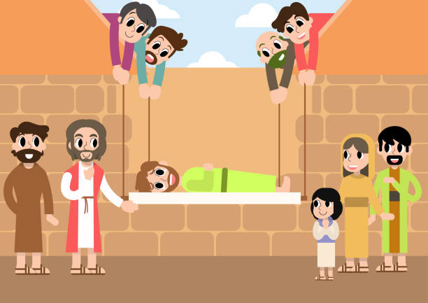 A Cartoon Vector Of A Paralytic Man Who Was Carried By 4 Friends Being  Healed By Jesus Stock Illustration - Download Image Now - iStock