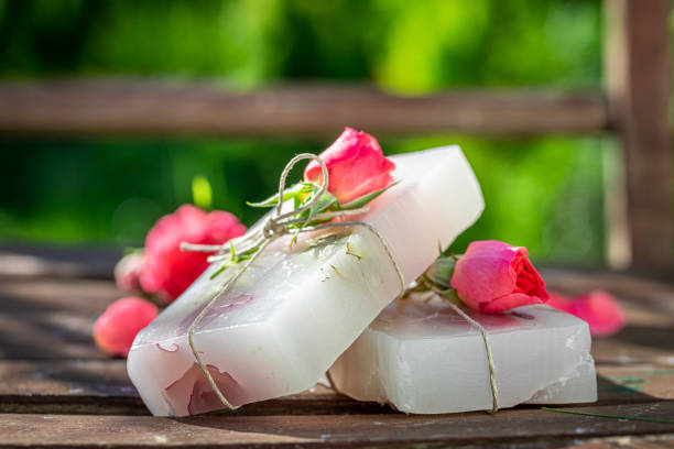 Ecological cubes of rose soap wrapped in a string