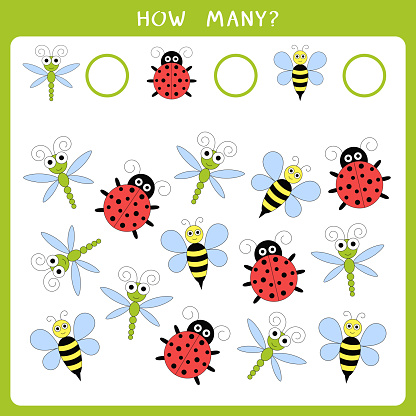 Educational math game for kids. Count how many beetles and write the result. Vector illustration