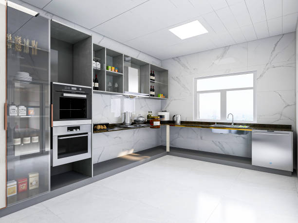 istock 3D rendering,Modern family kitchen design, new cabinets and kitchenware with refrigerators, sunlight from the window. 1207916254