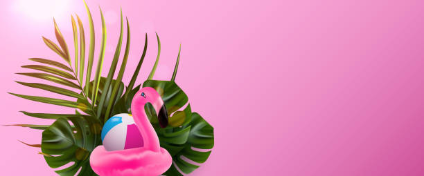 istock Flamingo vector banner. Floral jungle palm background. Summer tropical bird. Floral illustration. Colorful flamingo vector 1207916364