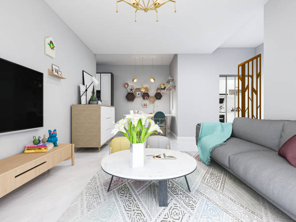 istock 3D rendering, spacious living room design of modern residence, with sofa, tea table, decorative painting, etc 1207917121
