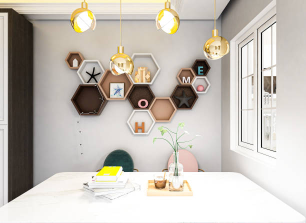 istock 3D rendering, warm dining room area design, wooden table and chair 1207917240