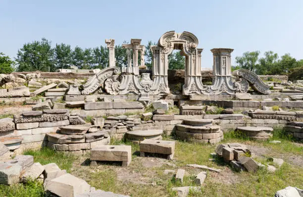 Ruins of Dashuifa waterworks in Yuanmingyuan or Yuanming Yuan (Old Summer Palace) in Beijing, China, once the main imperial residence of emperors in Qing Dynasty and destructed during Second Opium War in 1860. National heritage.