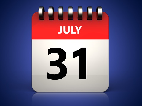 3d illustration of 31 july calendar over blue background