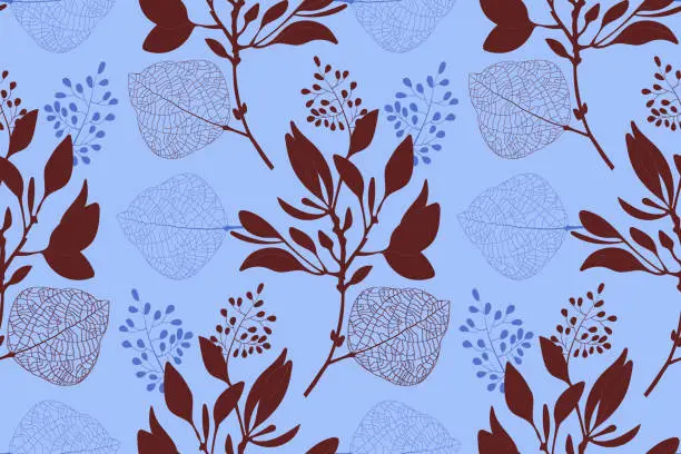 Vector illustration of Art floral vector seamless pattern. Braun, blue branches, twigs, leaves, Vector botanical elements isolated on blue background.