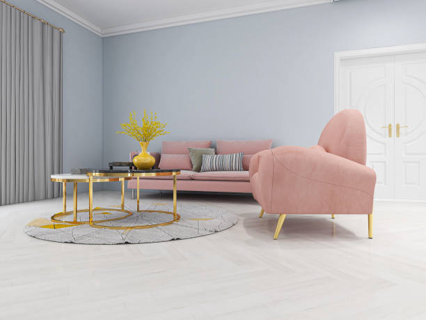 istock 3D rendering, simple modern living room sofa with coffee table, with green plants on the table. 1207918323