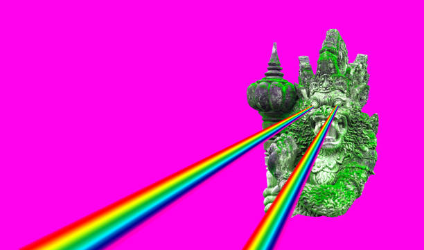 Stone balinese statue magenta background Creative trendy pop art