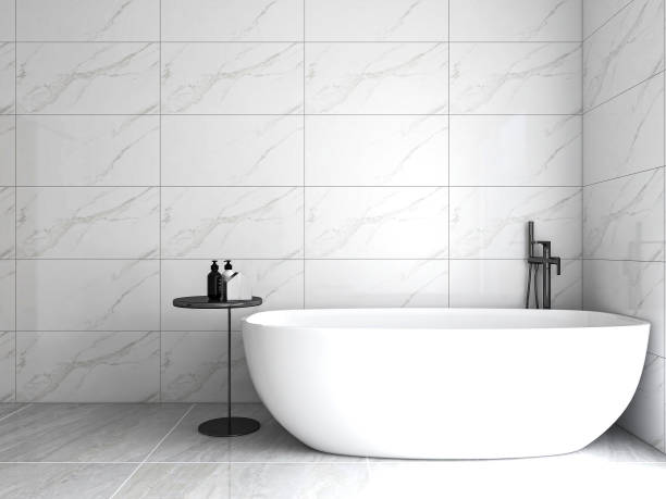 istock 3D rendering, modern residential clean bathroom design, with washbasins, mirrors, toilets, shower equipment and bathtubs 1207918463