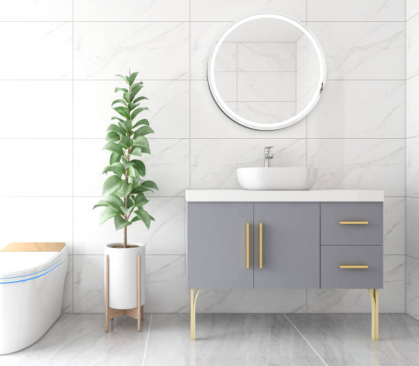 istock 3D rendering, modern residential clean bathroom design, with washbasins, mirrors, toilets, shower equipment and bathtubs 1207918465