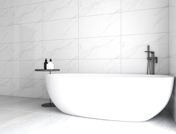 istock 3D rendering, modern residential clean bathroom design, with washbasins, mirrors, toilets, shower equipment and bathtubs 1207918468
