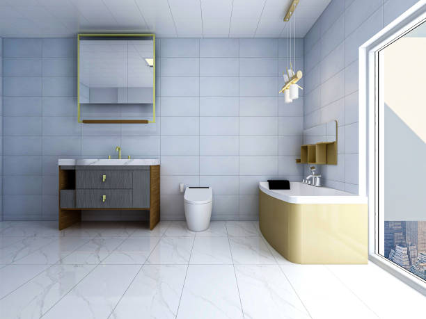 istock 3D rendering, modern residential clean bathroom design, with washbasins, mirrors, toilets, shower equipment and bathtubs 1207918476