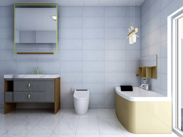 istock 3D rendering, modern residential clean bathroom design, with washbasins, mirrors, toilets, shower equipment and bathtubs 1207918478