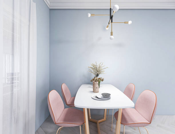 istock 3D rendering, warm dining room area design, wooden table and chair 1207918602