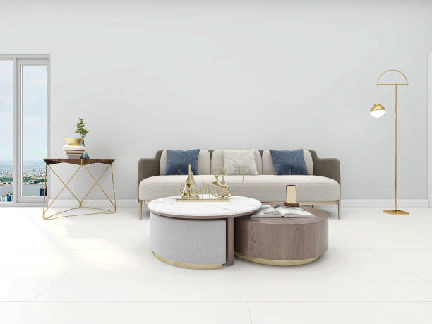 istock 3D rendering, spacious living room design of modern residence, with sofa, tea table 1207919723