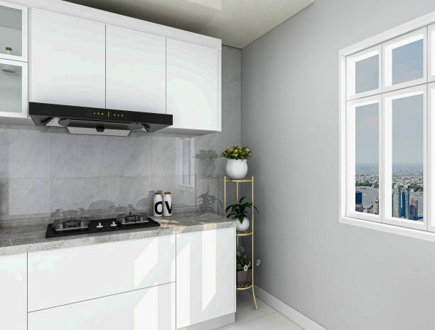 istock Clean and bright modern kitchen design with green plants looks very harmonious 1207919988