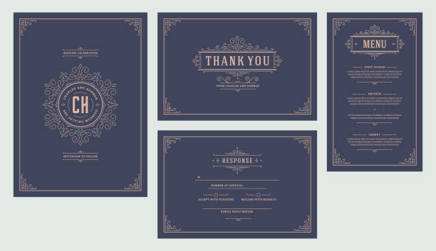 Set wedding flourishes vintage ornaments invitations cards Set wedding flourishes vintage ornaments invitations cards. Invite, thank you, rvsp and menu design. Victorian frames and decorations. Vector elegant template. thank-you-gold-greeting-card stock illustrations