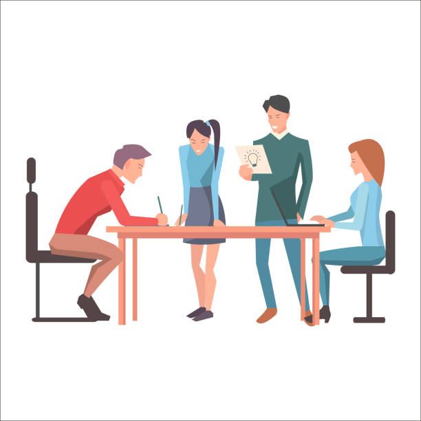 Launching of New Idea in Startups Flat Design Launching of new idea in startup flat design isolated on white. Worker pondering on creation of new concept of company. Managers standing and two guys sitting at desk. Vector illustration web banner. four people office stock illustrations