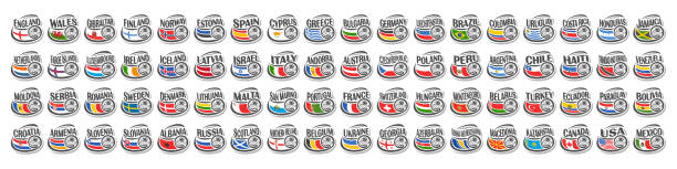 Vector set of Soccer Icons Vector set of Soccer Icons with national flags and soccer balls, collection of 72 football sport sings for european and american soccer tournament isolated on white background. scotland football team stock illustrations