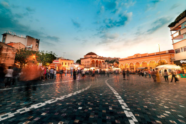 Monastiraki Square in Athens Greece at night