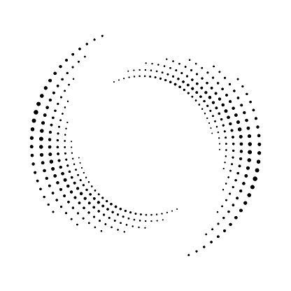 Spiral dots backdrop. Halftone shape, abstract logo emblem or design element for any project. Vector EPS10 illustration. Segmented circle with rotation.