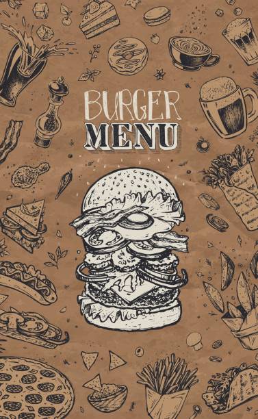 illustrazioni stock, clip art, cartoni animati e icone di tendenza di modello di design del menu burger per ristoranti e caffè. schizzo doodle disegnato a mano di hamburger, caffè, patatine fritte, tacos, burrito, birra e pizza. arte vettoriale in stile incisione retrò vintage - coffee donut old fashioned snack