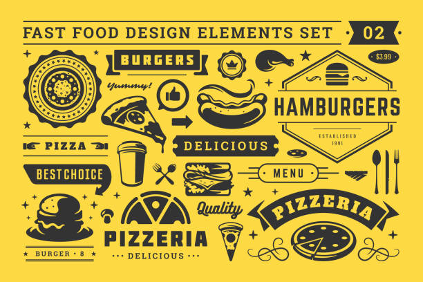 illustrazioni stock, clip art, cartoni animati e icone di tendenza di segni e simboli di strada e fast food con elementi di design tipografico retrò set vettoriale per la decorazione del menu del ristorante - burger hamburger food fast food