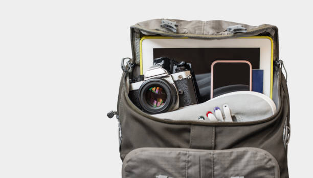 accessories for travel. travel concept - travel ipad isolated backpack imagens e fotografias de stock