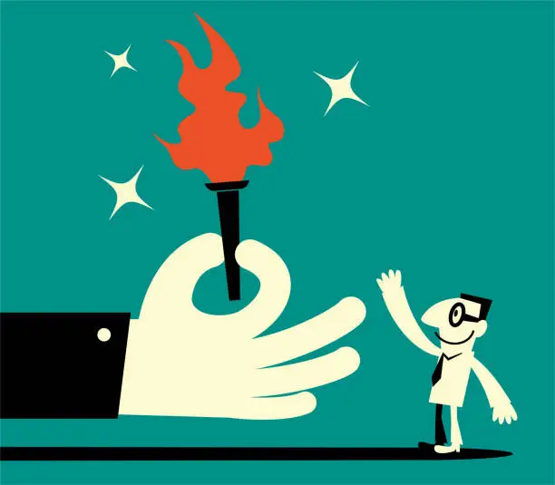 Vector illustration of Big hand giving a flaming torch to a businessman