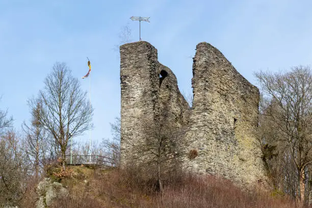 View at castle ruin Haller in Monschau, Eifel, Germany