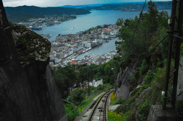 The floienbanen top station funicular Tracks Floyen funicular goin to the top of a montain Located in Scandinavia, Norway in Bergen city fløyen stock pictures, royalty-free photos & images