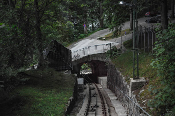 The floienbanen top station funicular Tracks Floyen funicular goin to the top of a montain Located in Scandinavia, Norway in Bergen city fløyen stock pictures, royalty-free photos & images