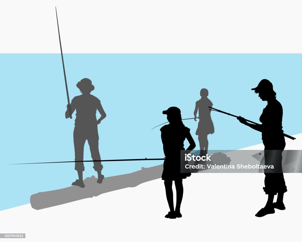 Vector Female Silhouettes Teenager Girl With Mom Fishing A Group
