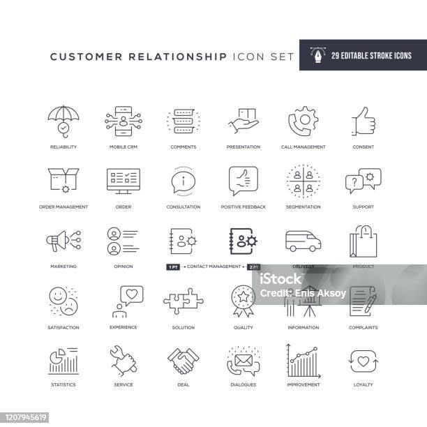 Customer Relationship Editable Stroke Line Icons Stock Illustration - Download Image Now - Icon Symbol, Customer Service Representative, Service