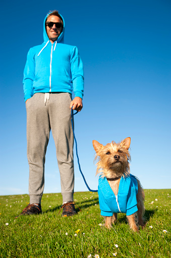 Small fluffy dog standing with his best friend owner in matching blue hoodies outdoors on bright green field