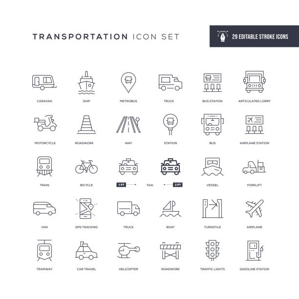 illustrazioni stock, clip art, cartoni animati e icone di tendenza di icone della linea del tratto modificabile per il trasporto - automotive