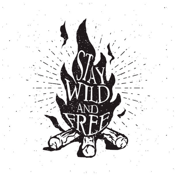 Hand drawn campfire typography badge. Stay wild and free quote. Outdoor camping themed print for t-shirt, vector Hand drawn campfire typography badge. Stay wild and free quote. Outdoor camping themed print for t-shirt, vector Bonfire stock illustrations