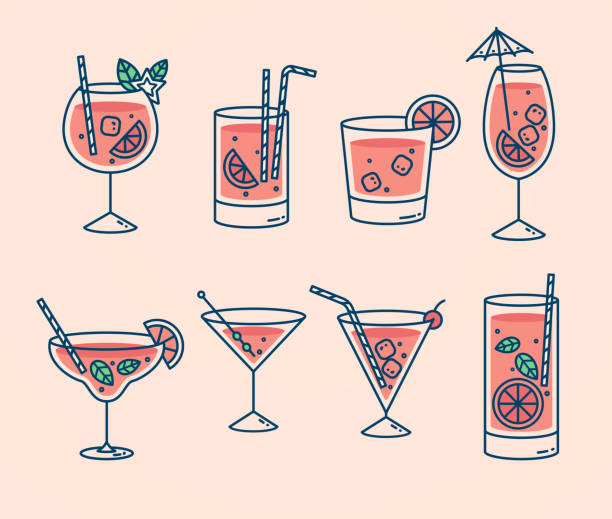 illustrazioni stock, clip art, cartoni animati e icone di tendenza di raccolta cocktail, bevande estive alcoliche e analcoliche con cubetti di ghiaccio di limone, lime e menta. whisky con ghiaccio, tequila, vodka, sambuca, mojito e martini. - cocktail